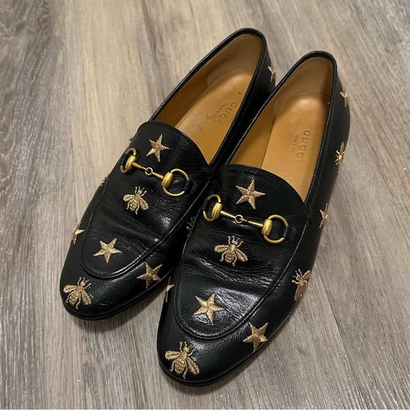 Gucci Black Leather Jordaan Embroidered Bee Horsebit Slip On Loafers Size 37 - Picture 2 of 14